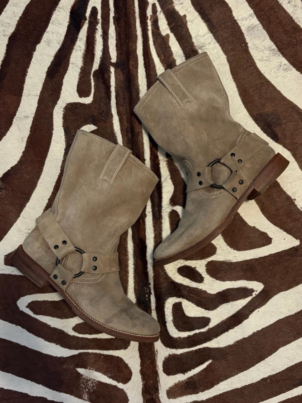 Frye vintage Taupe Suede Harness Moto Boots